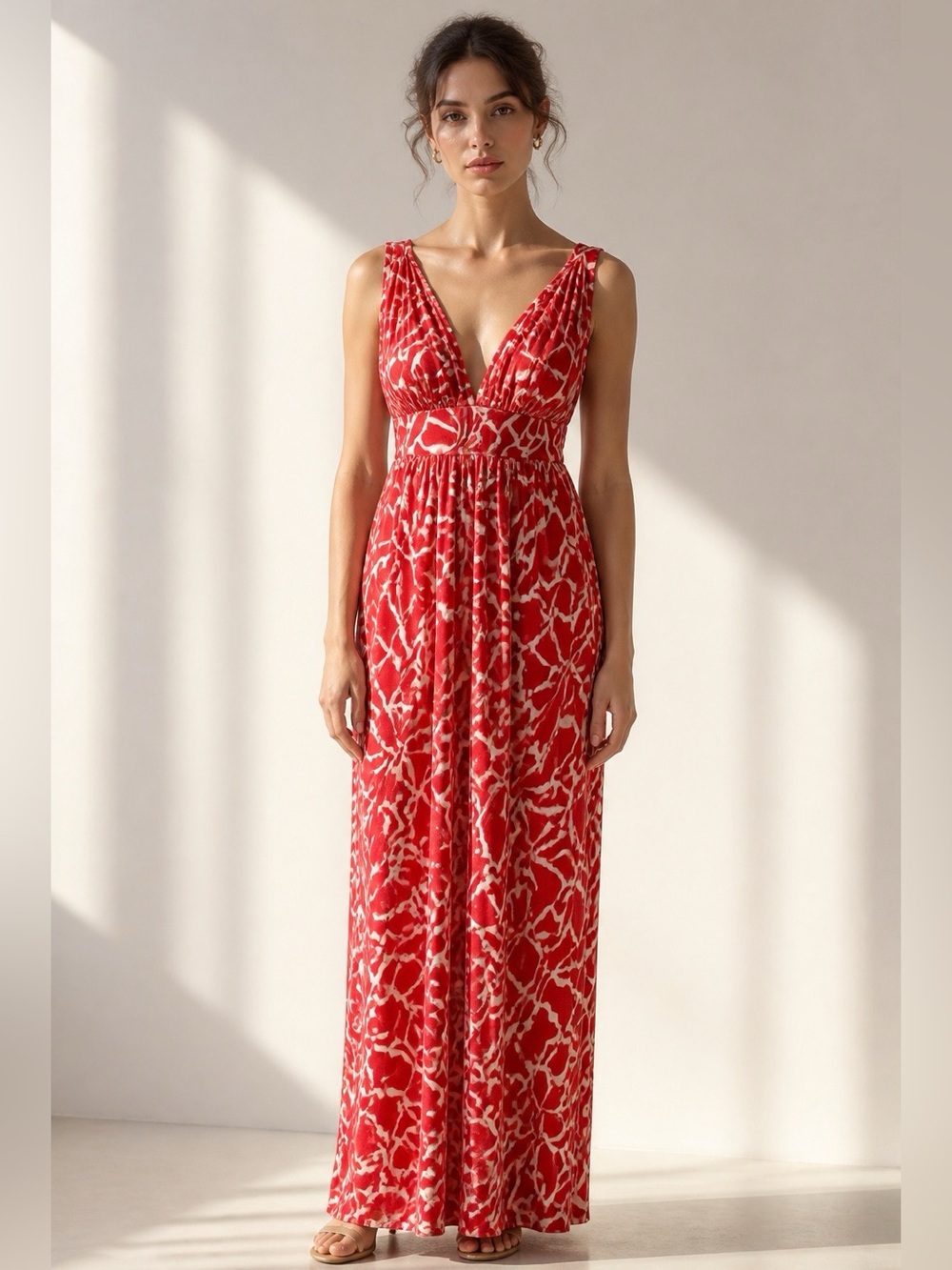 Loveappella Orange-Red & White Printed V-Neck Maxi Dress